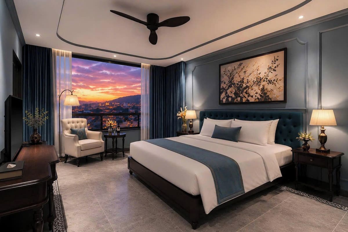 A modern hotel room with a large bed, a view of a sunset, a ceiling fan, and a painting on the wall.
