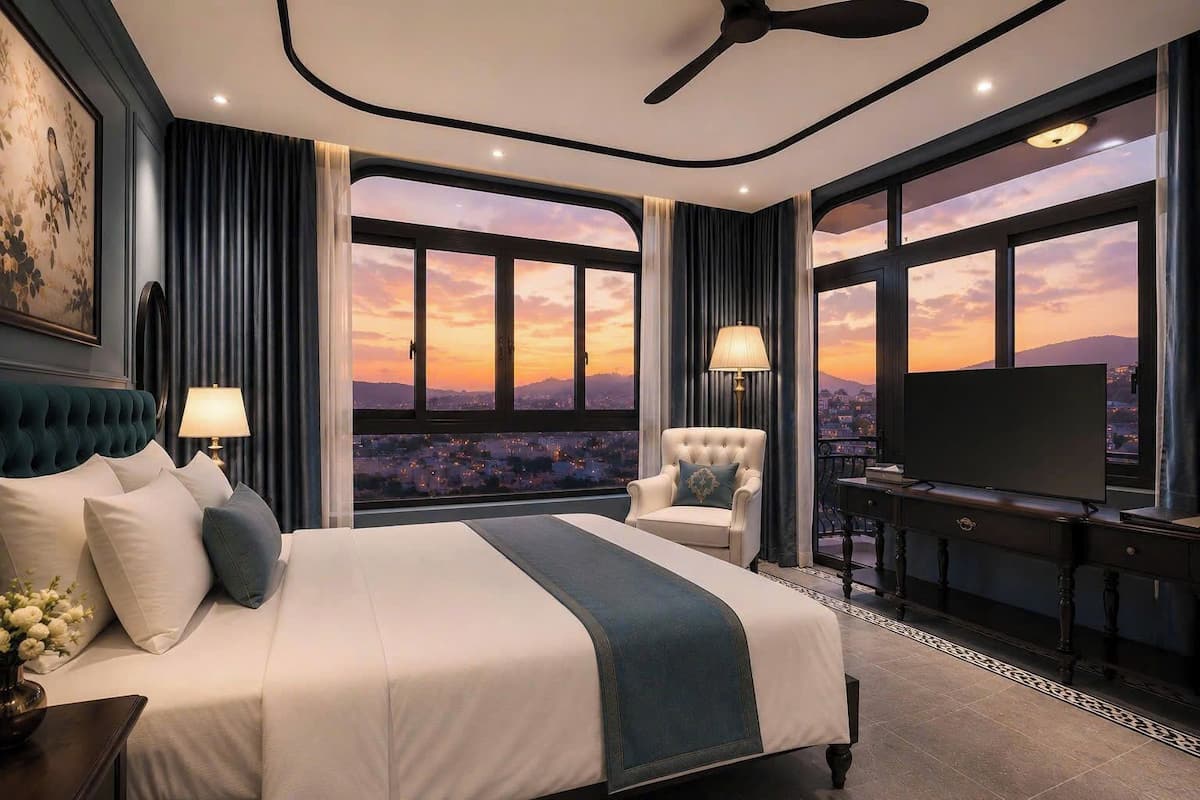 A hotel room with a large bed, a chair, a TV, and a view of the city at sunset.