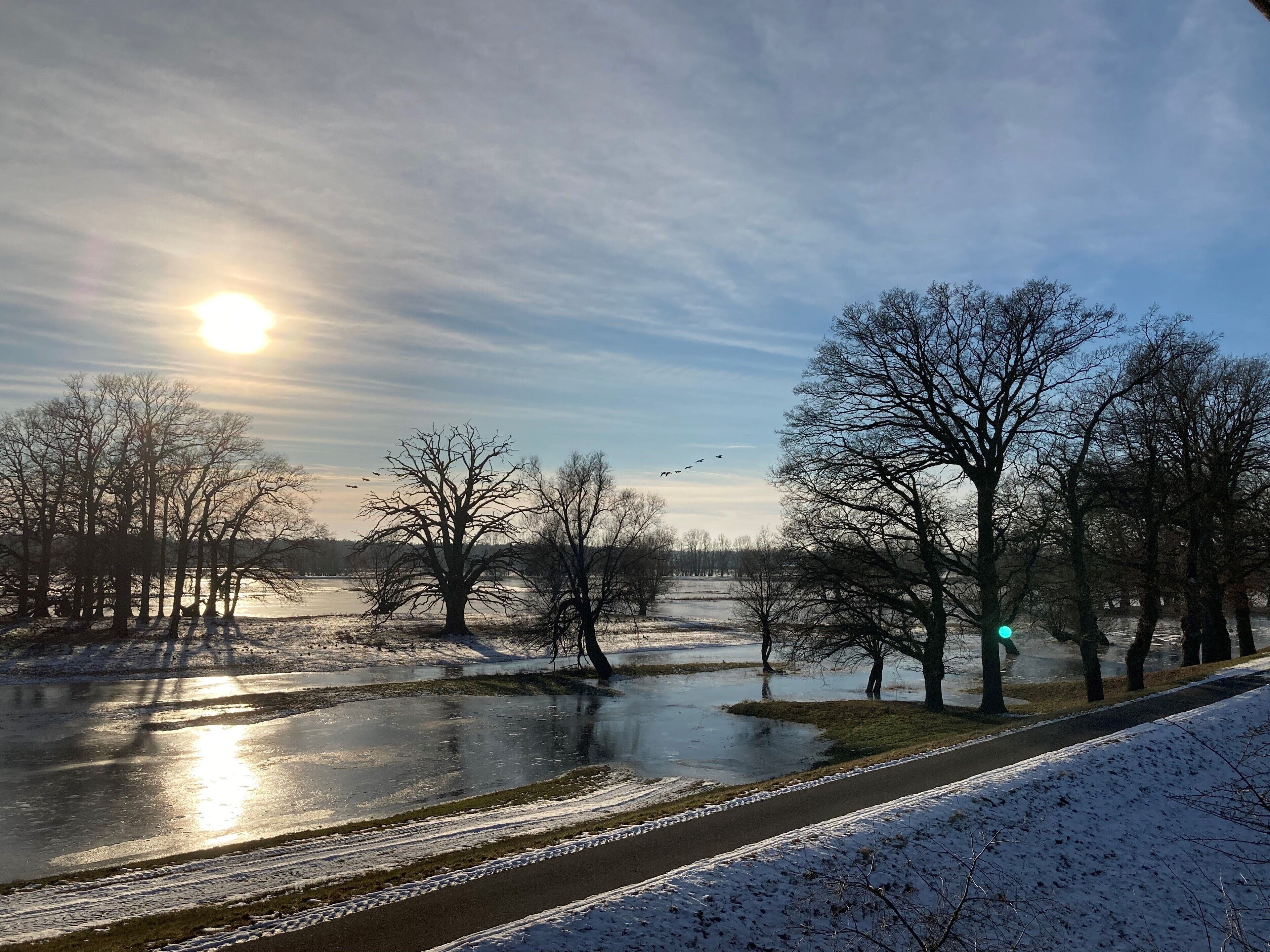 Winterlandschaft mit einem zugefrorenen Fluss, kahlen Bäumen und klarem Himmel.