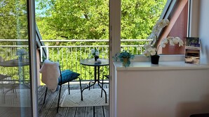 A balcony with a table, chairs, and a potted plant.