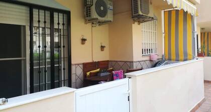 Playamar Retamar, first line of beach and urbanization with swimming pool