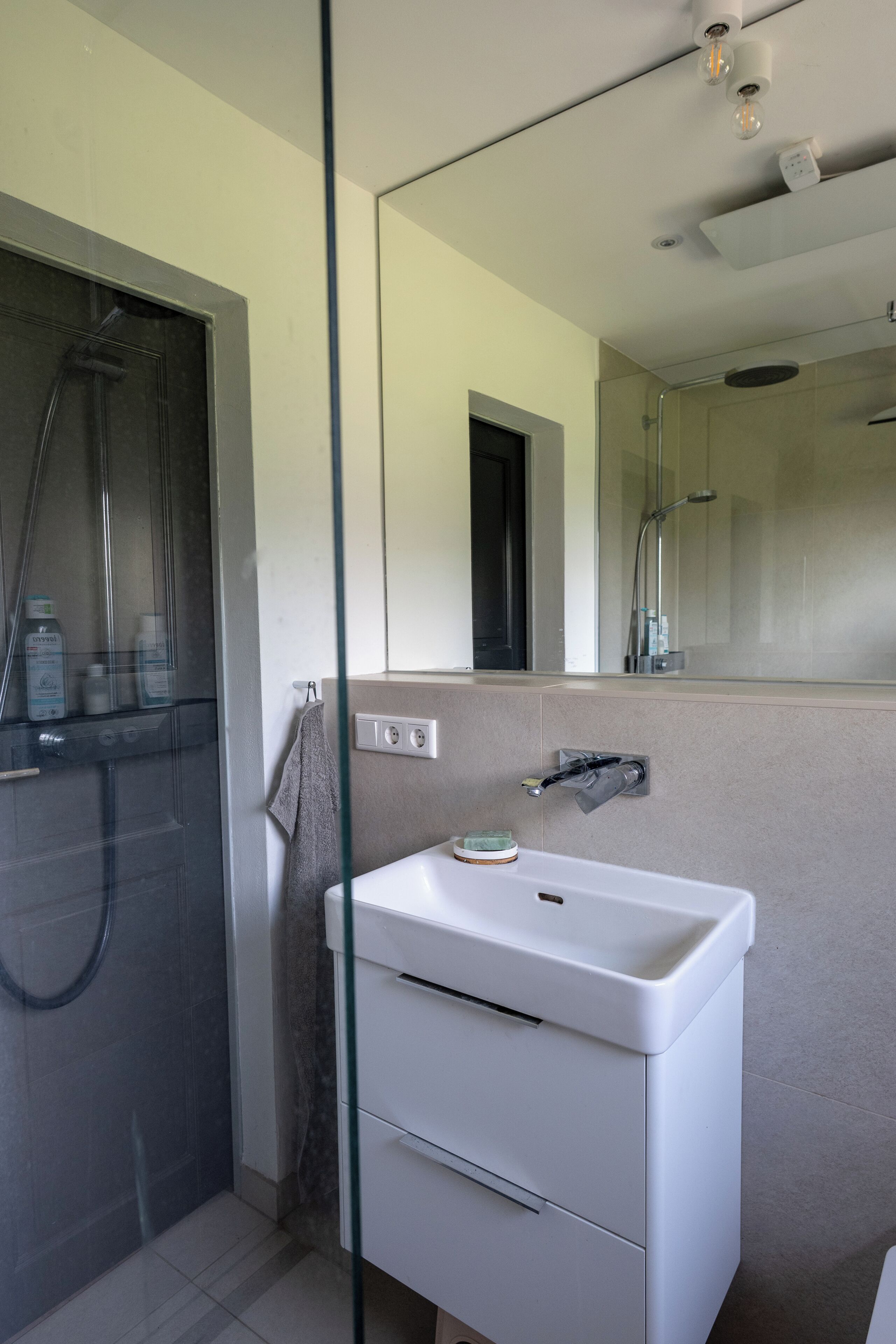 A modern bathroom with a glass shower enclosure, a white sink, and a large mirror.