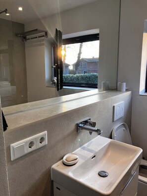 Regadera, toallas, jabón, papel de baño