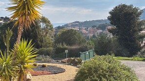 A garden with a palm tree, cactus, and a view of a town in the background. - Newly renovated apartment 10 minutes from Collioure market. Ideal for families. (Collioure)