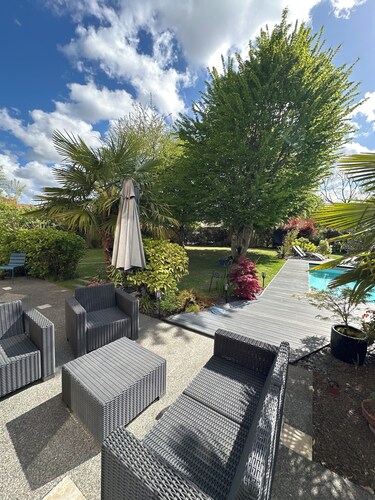 Room in contemporary house with swimming pool