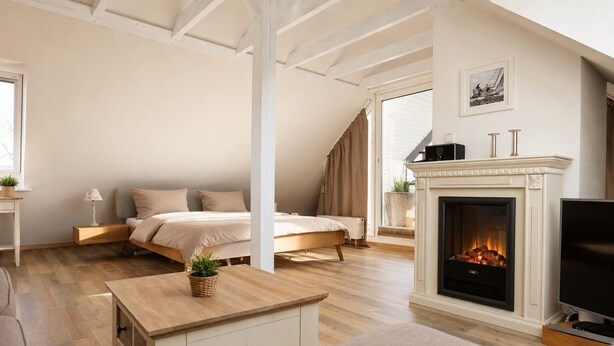 Ein Schlafzimmer mit einem Bett, einem Nachttisch mit Lampe, einem Kamin und einem Fernseher.