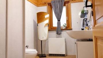 A compact, well-lit room with wooden ceiling beams, a white toilet, a black rug, a window with a curtain, and a small sink area.