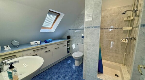 Shower, hair dryer, towels, toilet paper