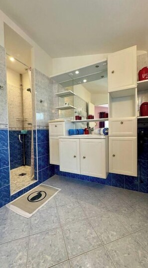 Shower, hair dryer, towels, toilet paper