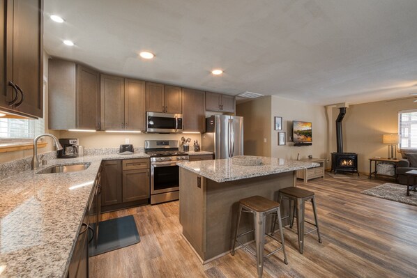 Fridge, microwave, oven, stovetop - Pebble Place at Tahoe Donner by Tahoe Getaways - Pet Friendly, Single Level w HOA (Truckee)