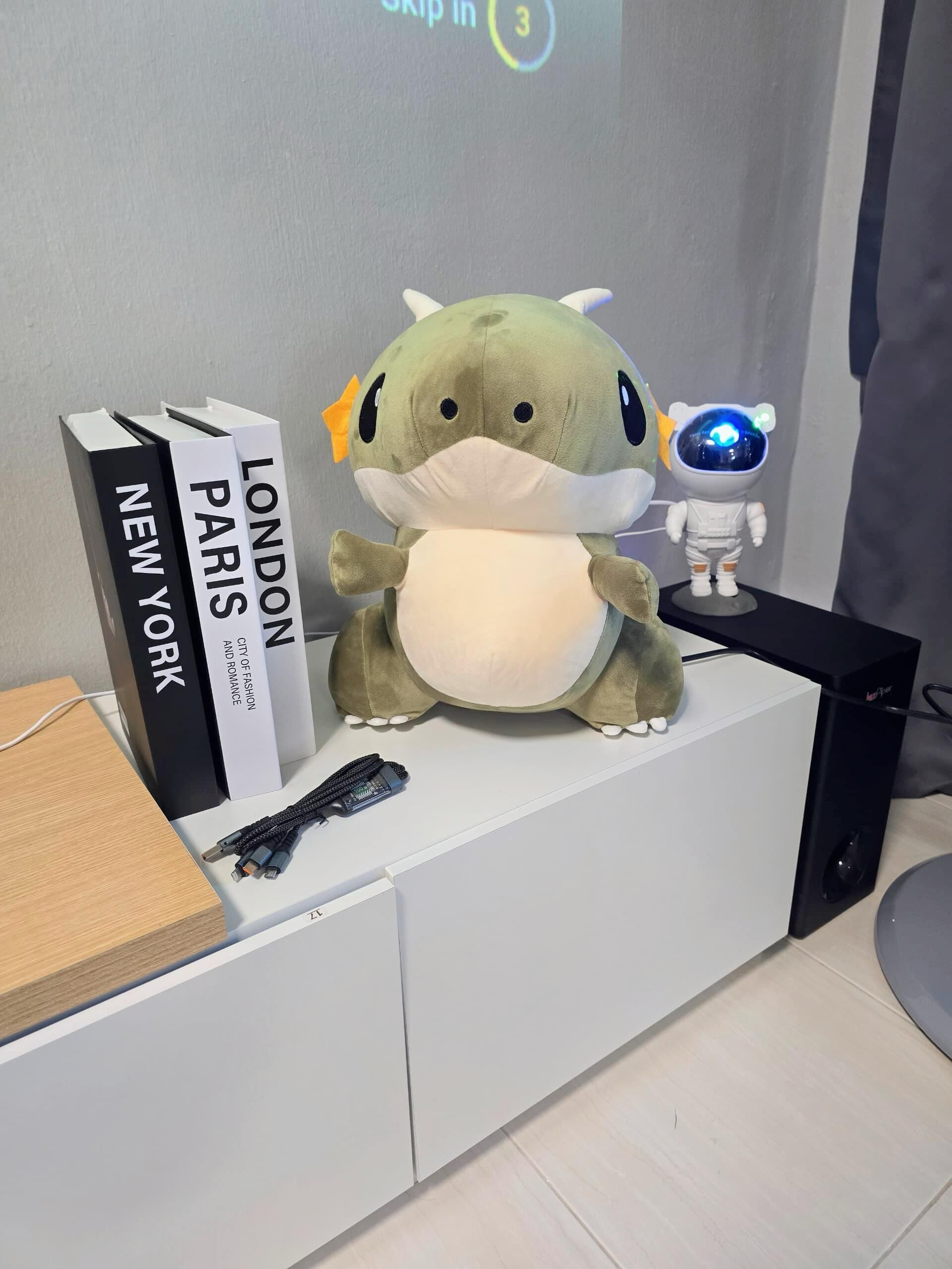A plush toy dinosaur, a projector screen, and books on a white table.