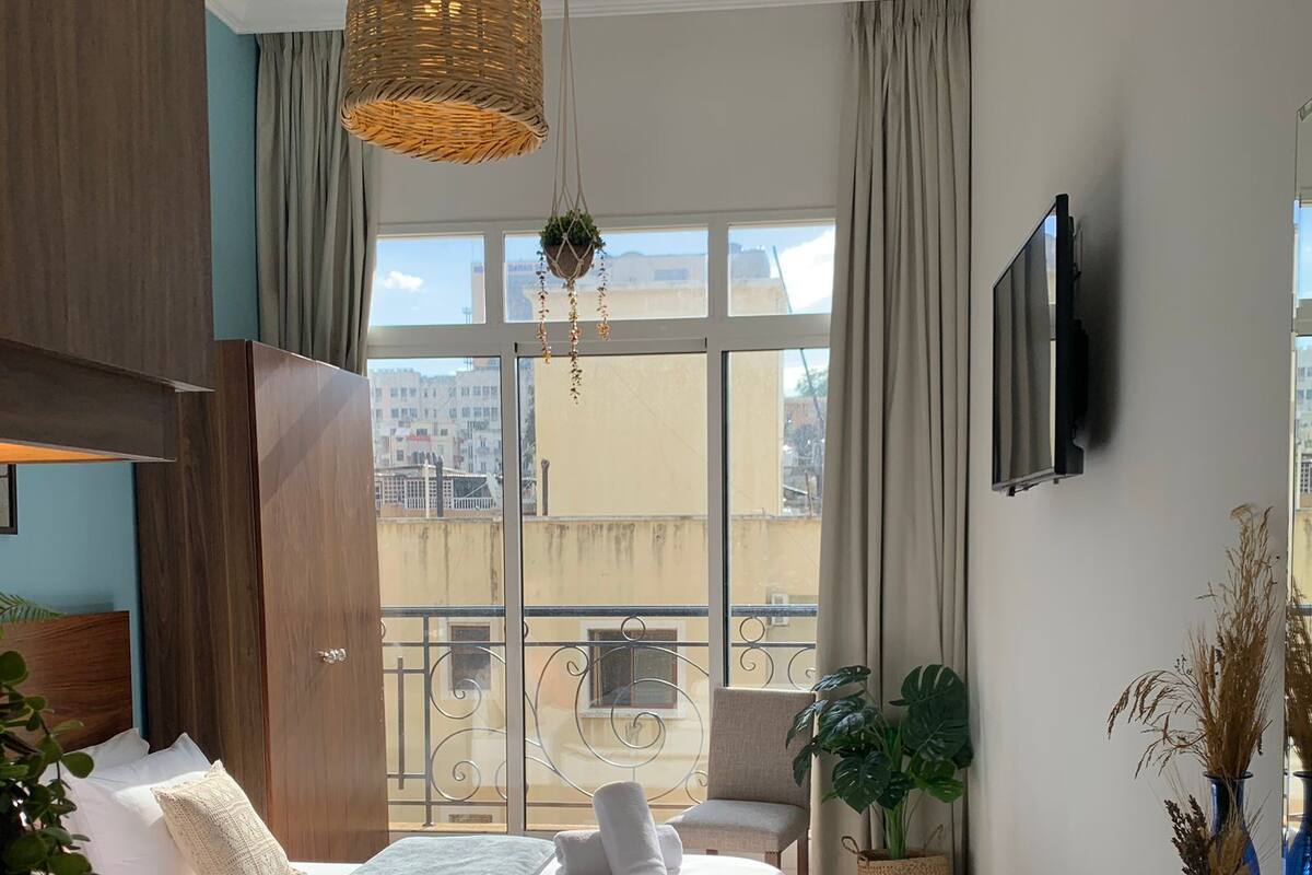 A hotel room with a bed, a desk with a cup, a TV, a balcony with a view of buildings, and a hanging plant.