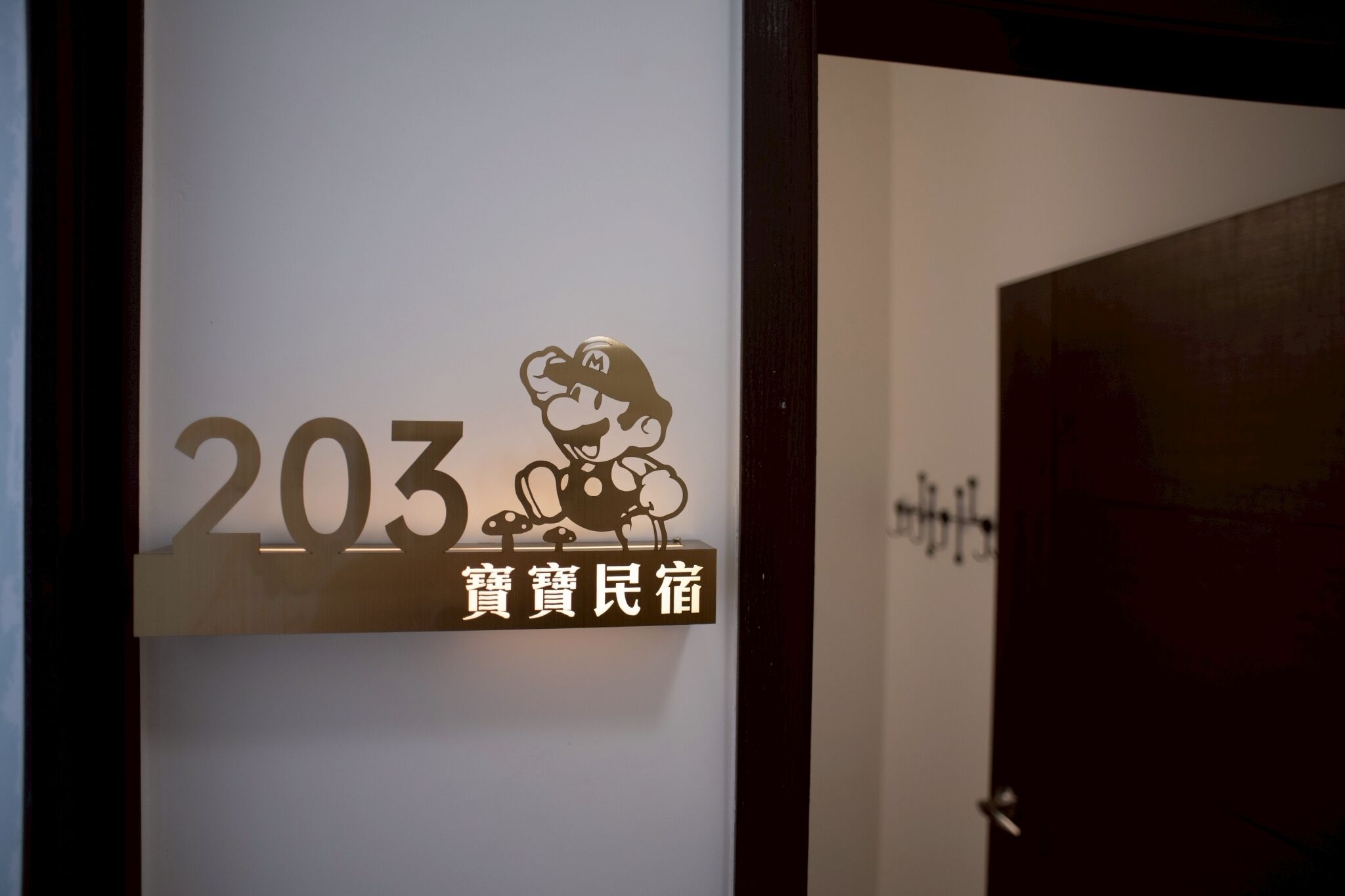 A sign with the number 203 and a character resembling Mario from the Mario video game series.