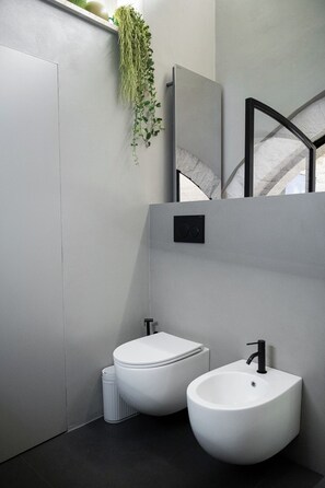 Chuveiro, banheira de hidromassagem, secador de cabelo, bidê