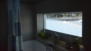 Een kamer met een groot raam dat uitkijkt op een besneeuwde omgeving. Er staan potplanten op de vensterbank.