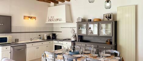 Fridge, microwave, dishwasher