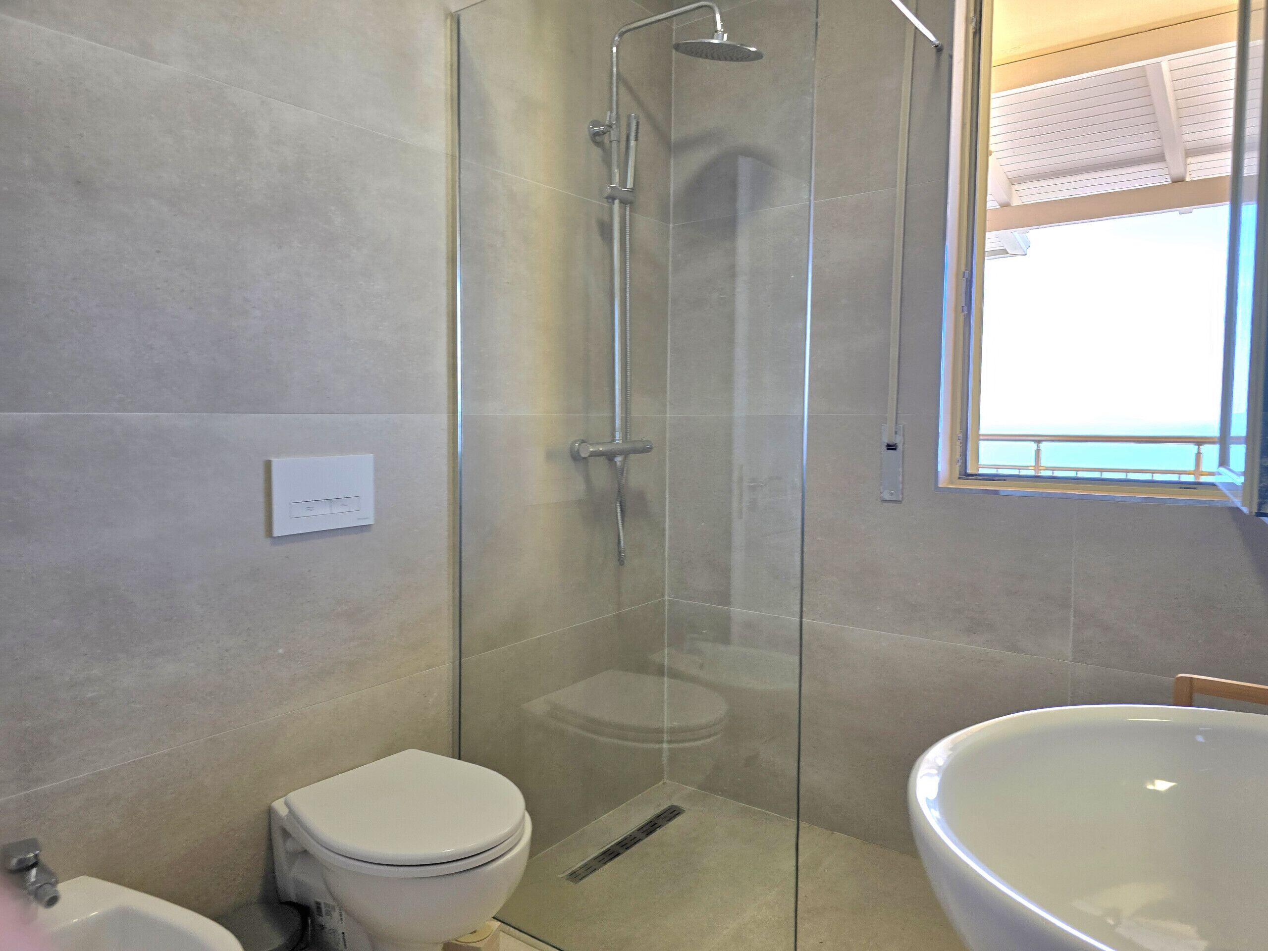 Une salle de bain avec une douche à parois de verre, des toilettes et un grand lavabo.