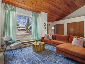 TV, fireplace, books, offices