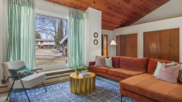 TV, fireplace, books, offices