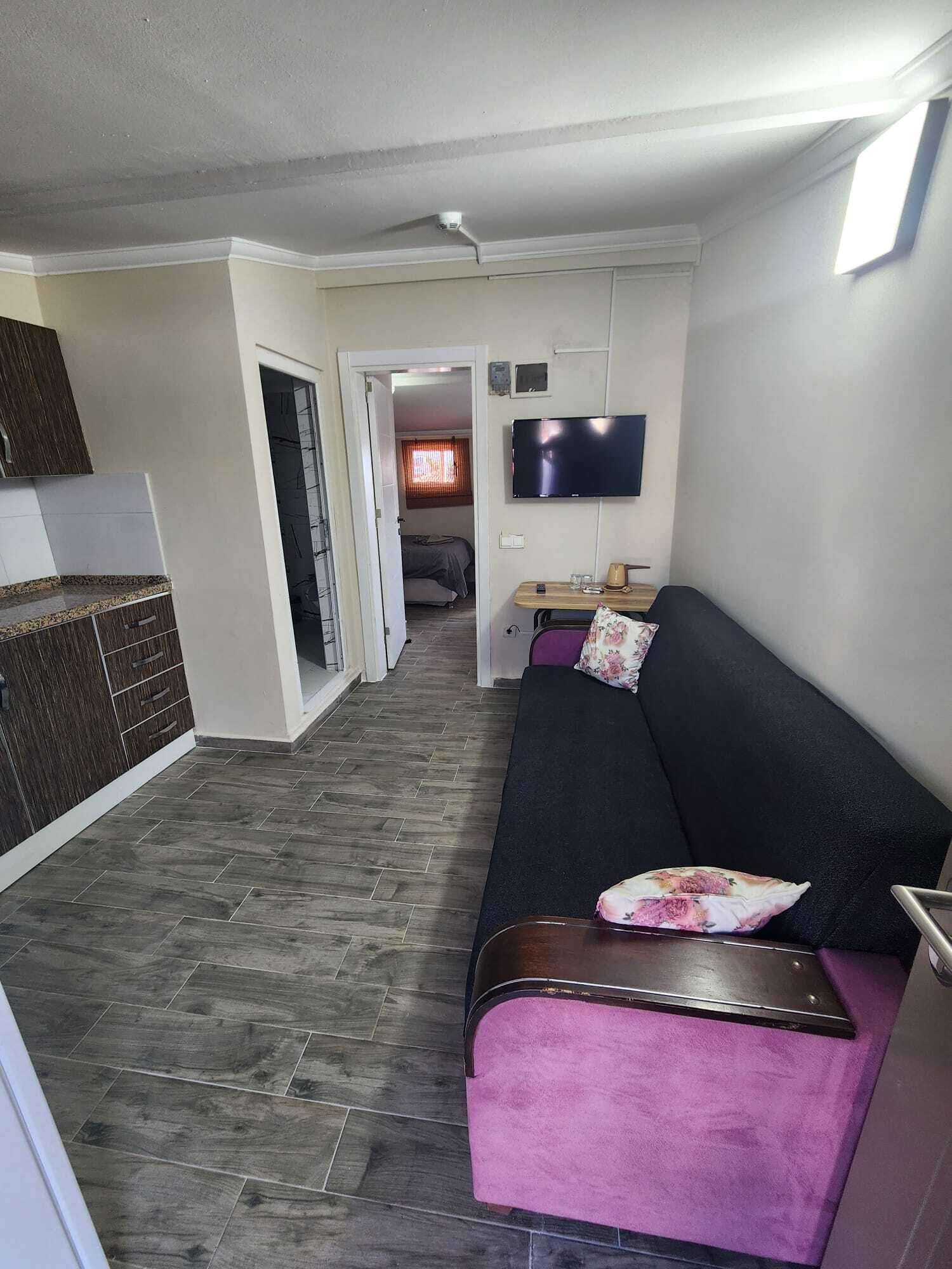 A compact living space with a sofa, a television, a small table, and a kitchen area.