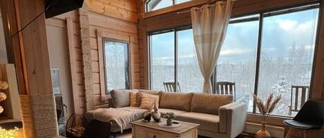 Flat-screen TV, fireplace