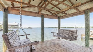A wooden deck with two benches under a covered area, overlooking a body of water.