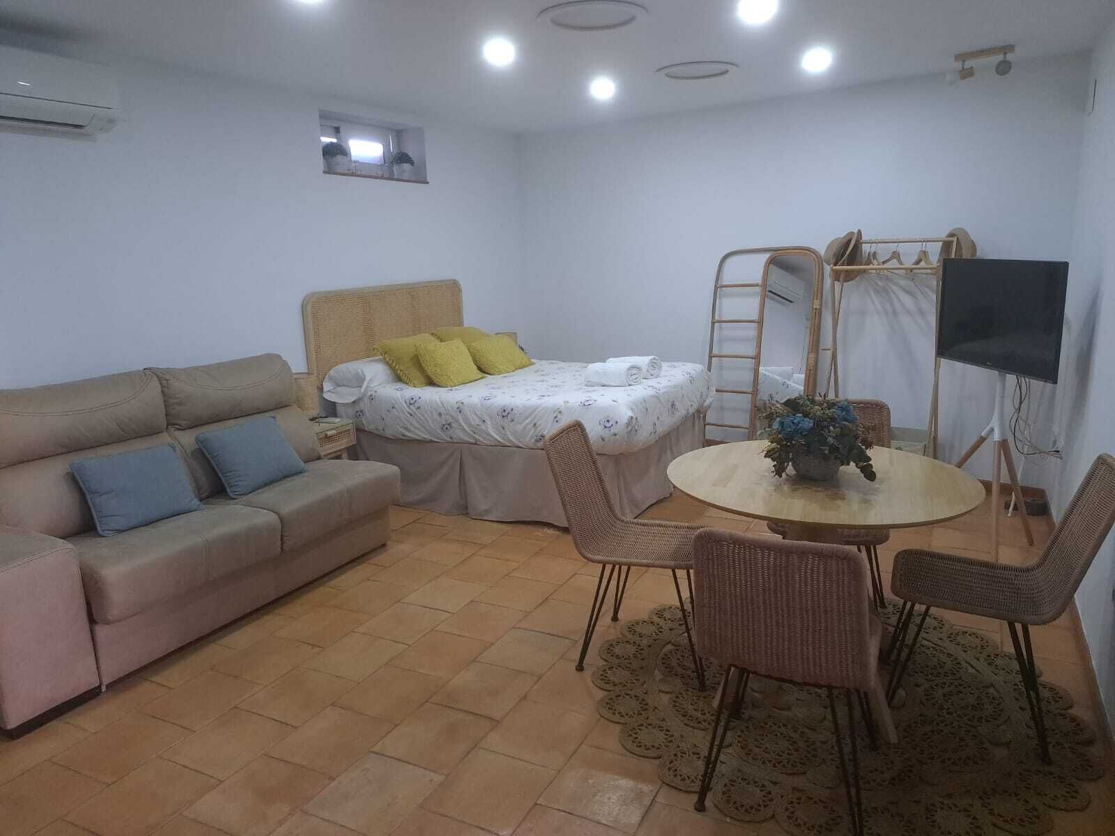 A small, well-lit room with a bed, a sofa, a table with chairs, and a TV.
