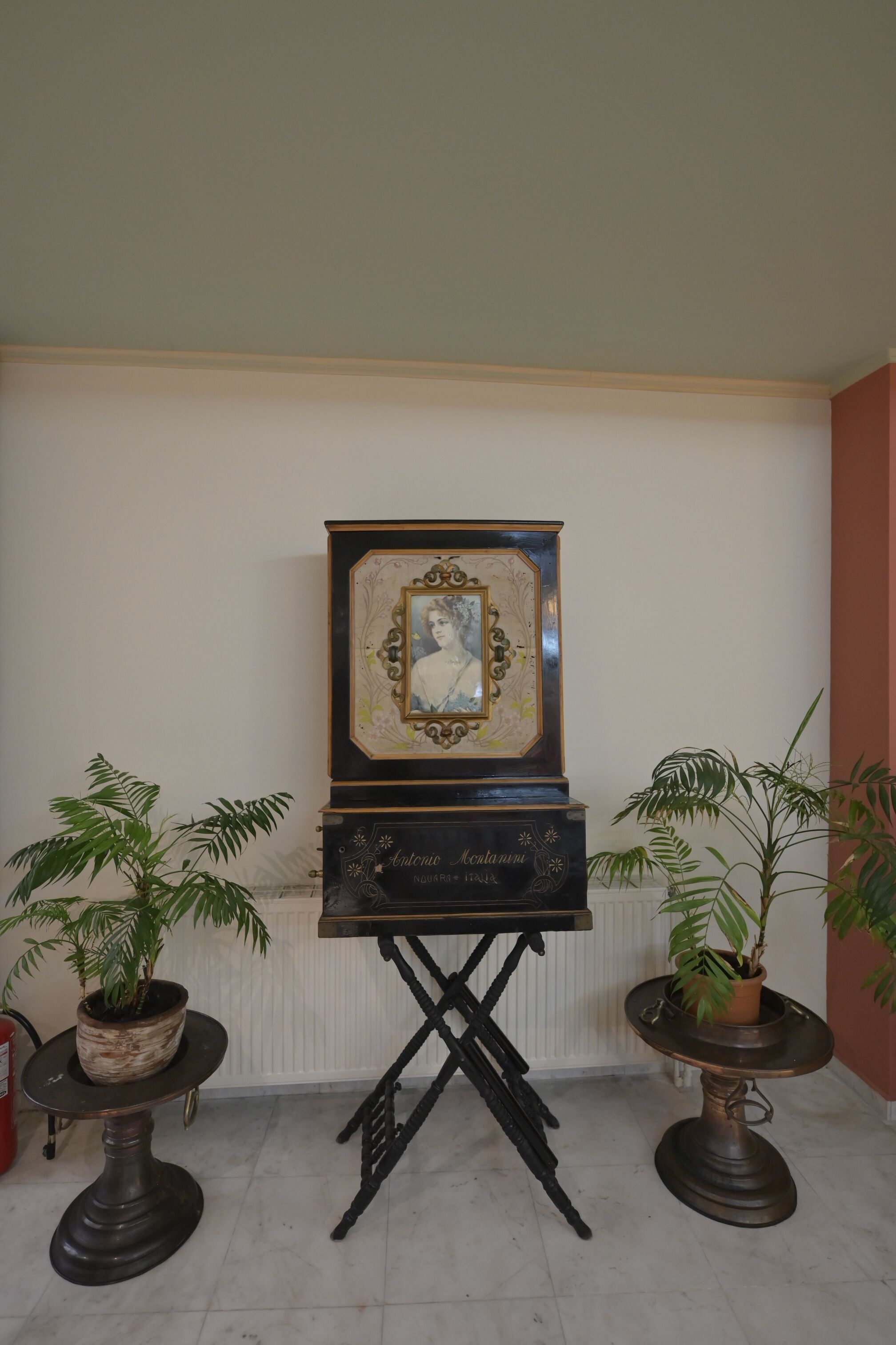 Un piano con un cuadro enmarcado, dos plantas en macetas y un radiador en una habitación con paredes blancas.