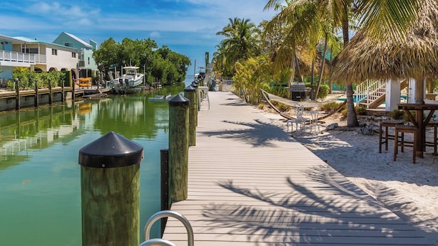 A wooden boardwalk leading to a beach with palm trees, a boat dock, and a building with a green roof.