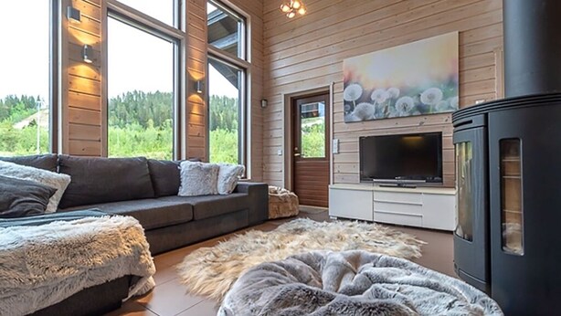 A modern living room with a sofa, a TV, and a fireplace.