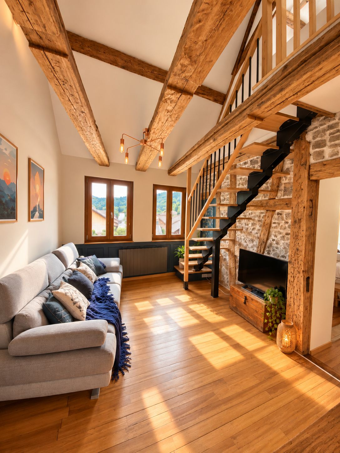 Una sala de estar amplia con una escalera de madera, un conjunto de sofás y una chimenea.