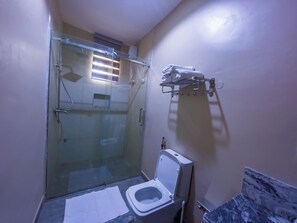 Douche, douche à « effet pluie », articles de toilette gratuits, bidet