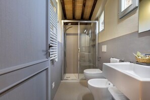 Shower, hair dryer, bidet, towels