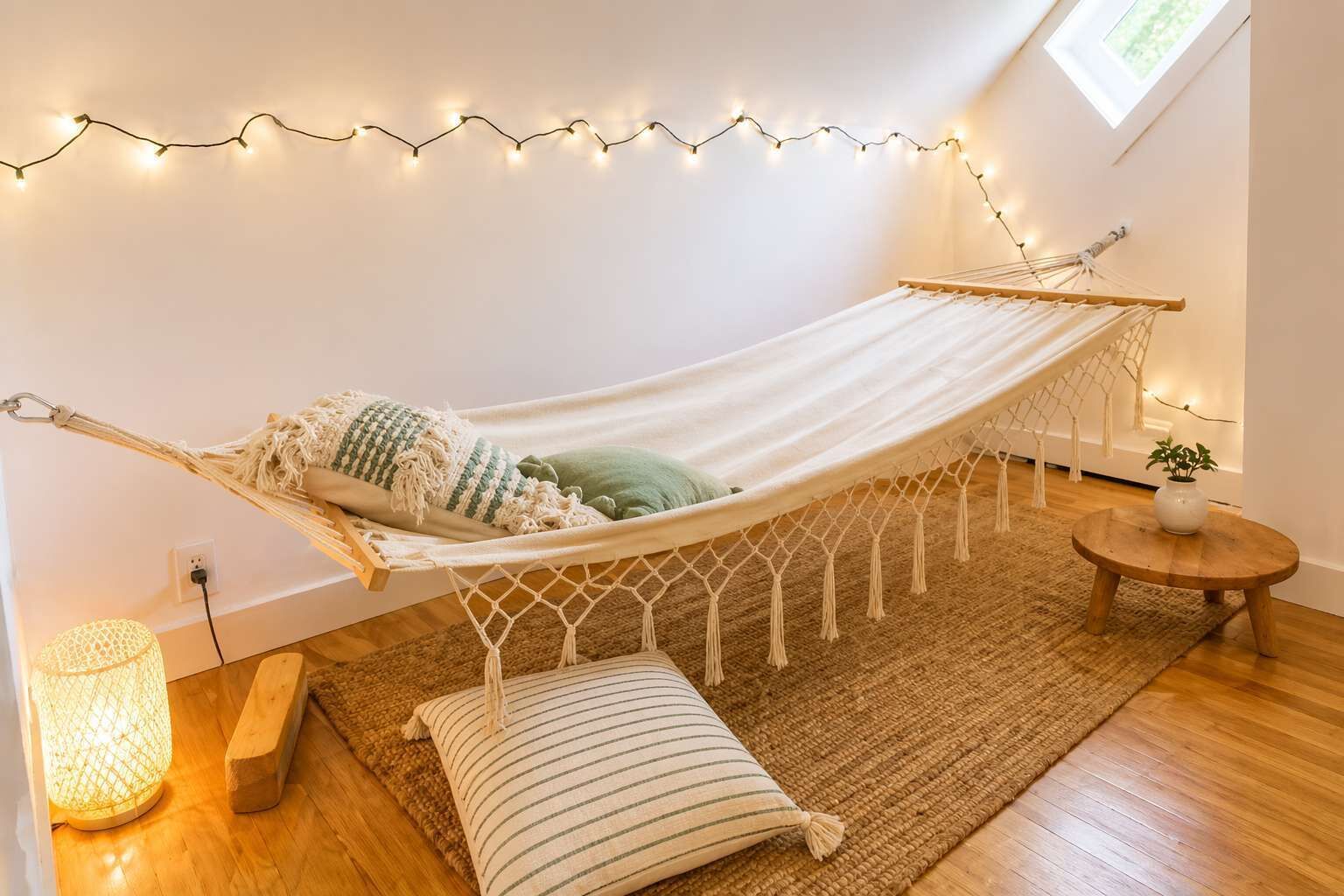 Una cama hamaca con mosquitero de macramé, una mesita redonda de madera, una lámpara de pie y una planta en maceta.