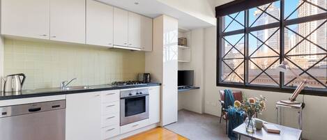 Fridge, microwave, oven, dishwasher