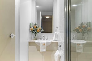 Shower, hair dryer, shampoo