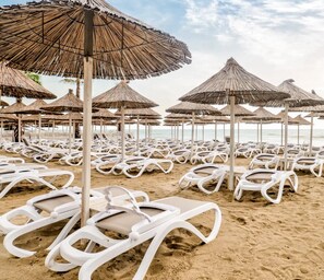 Plage à proximité, sable blanc, chaises longues, parasols