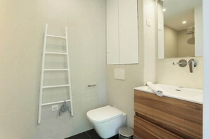 Shower, hair dryer, shampoo