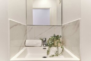 Shower, hair dryer, towels, shampoo