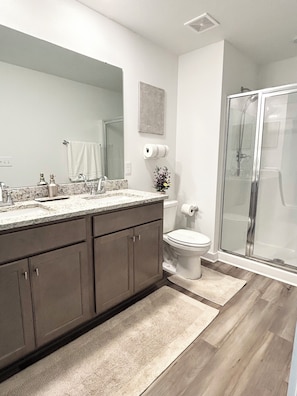 Hair dryer, towels, soap, toilet paper