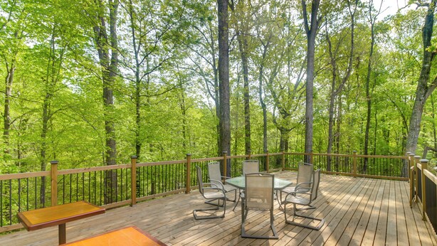 A wooden deck with a table and chairs, surrounded by a wooden railing, overlooking a forested area. - Stay & Play in Charlotte: Family Home w/ Deck (Charlotte)