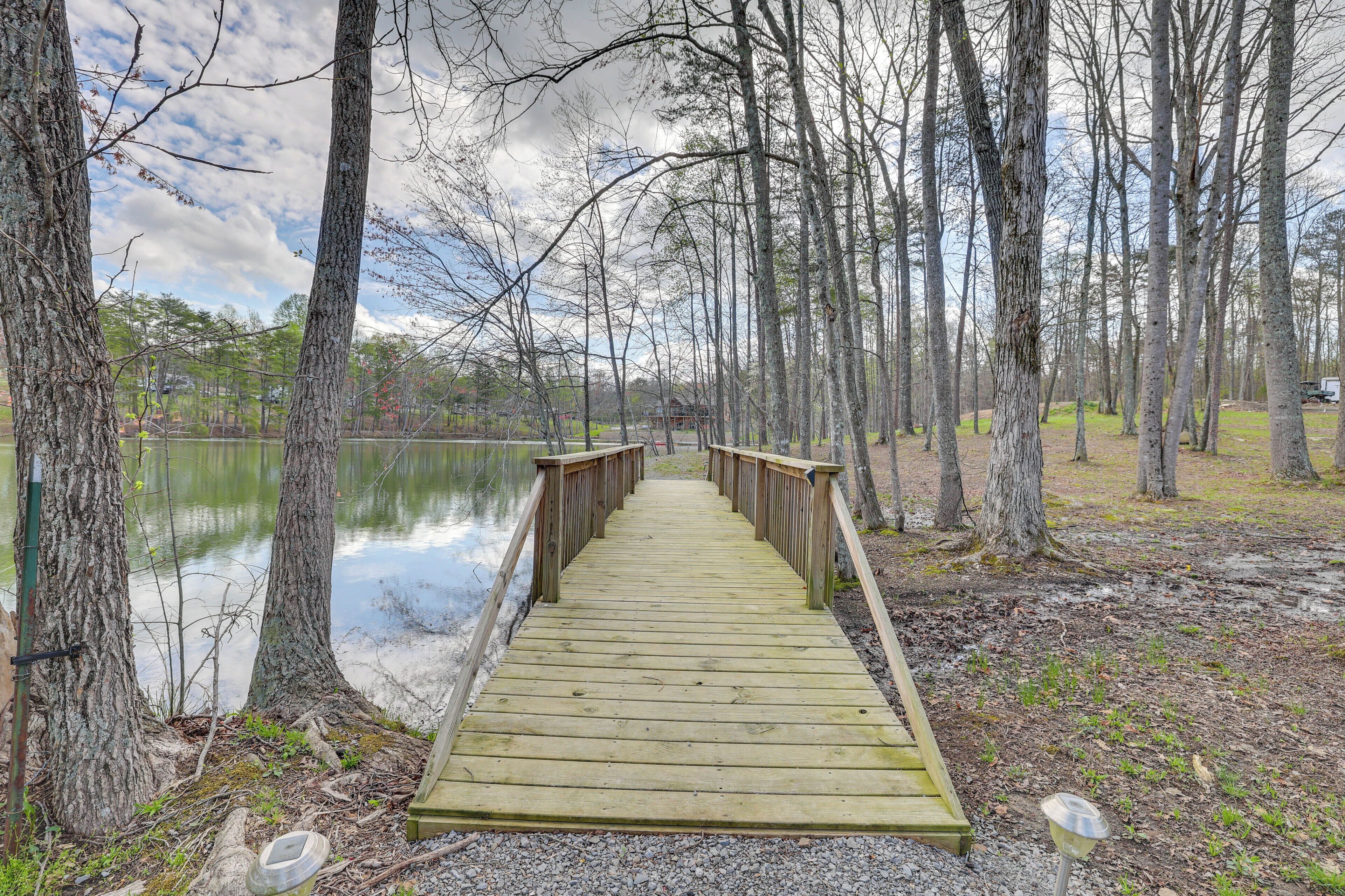 Un paseo marítimo de madera que conduce a un lago, rodeado de árboles.