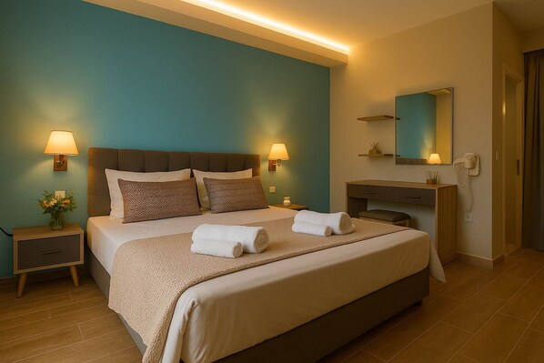 A hotel room with a large bed, bedside lamps, a desk, a mirror, and a nightstand with a vase of flowers. - Aquamare Studios - Sea View Studio With Balcony (Kassandra)
