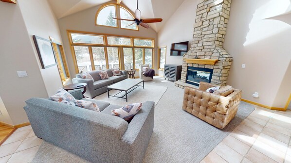 TV, fireplace, foosball