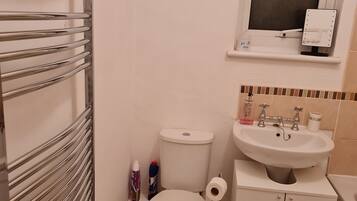Un baño con inodoro, lavamanos y espejo.