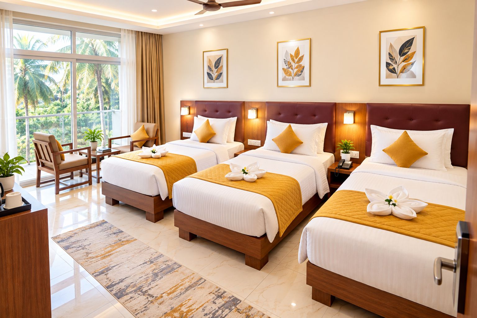 Quarto de hotel com três camas, uma escrivaninha e uma cadeira.