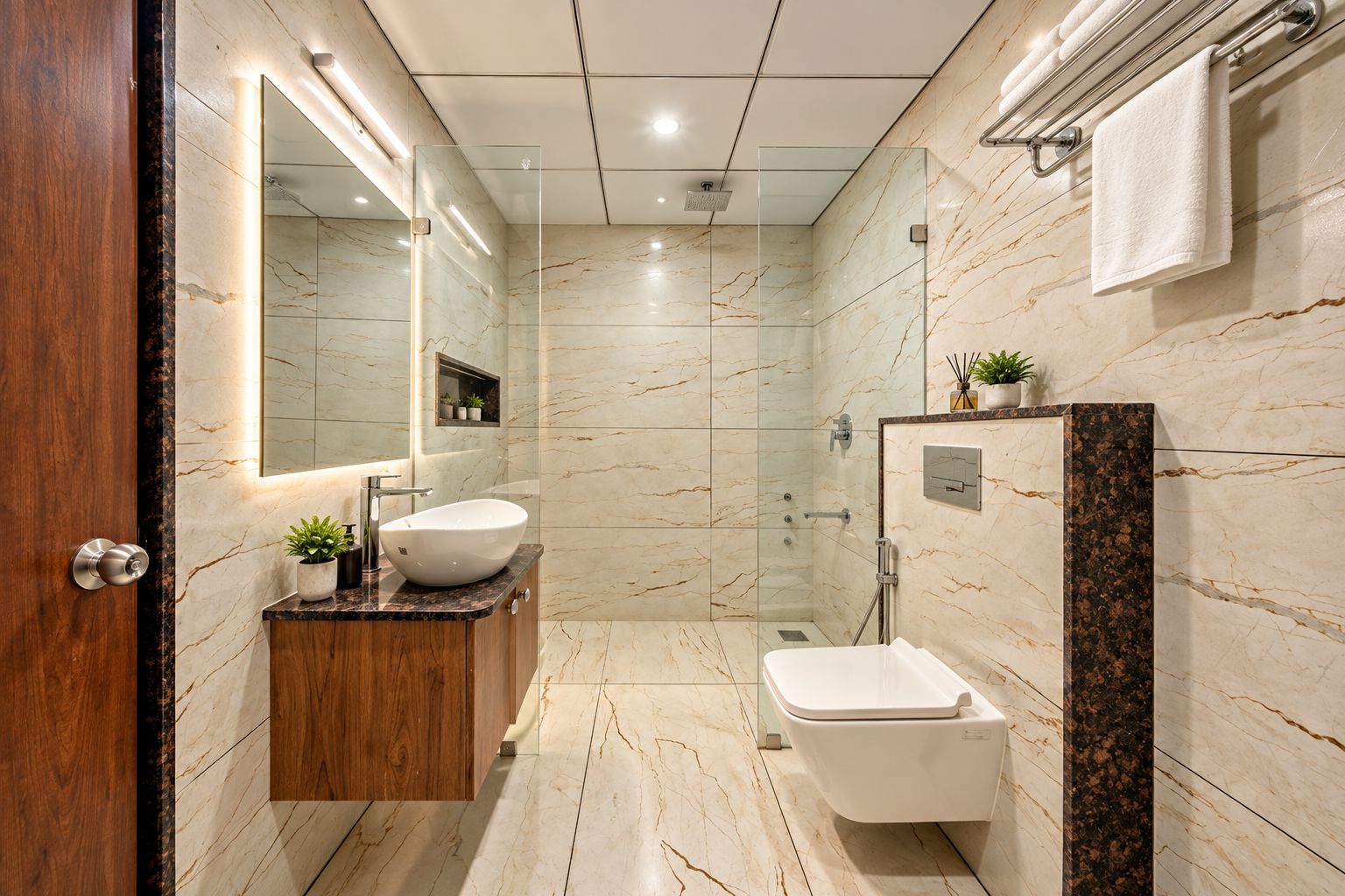 A modern bathroom with a marble floor, a wooden vanity, a white sink, a toilet, and a glass shower enclosure.