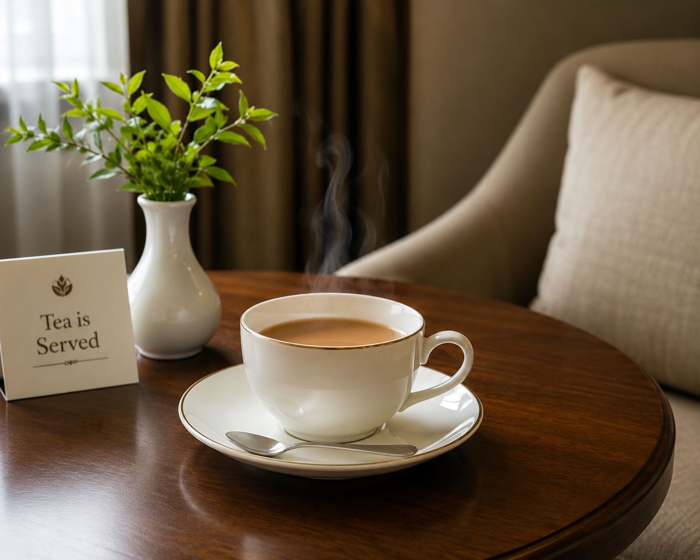 A white cup of tea on a saucer with a spoon, a 'Tea is Served' sign, and a small potted plant on a wooden table.