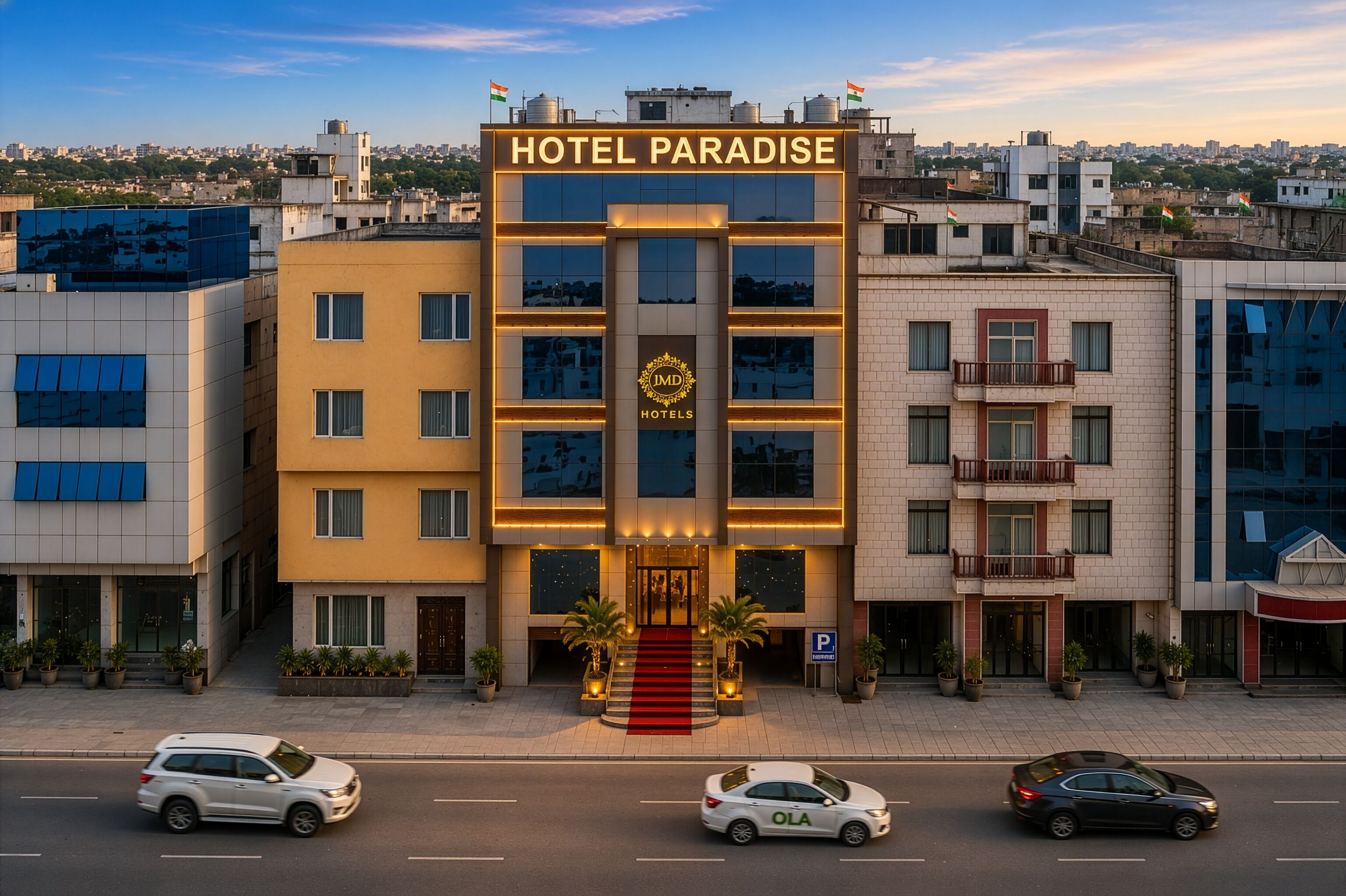 Ένα πολυώροφο ξενοδοχείο με μια μεγάλη, ευδιάκριτη επιγραφή που έγραφε «ΞΕΝΟΔΟΧΕΙΟ ΠΑΡΑΔΕΙΣΟΣ».