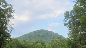 A patio area with outdoor seating and a pool, surrounded by trees and a view of a hill.